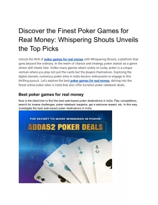 Discover the Finest Poker Games for Real Money_ Whispering Shouts Unveils the Top Picks