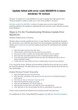 Update failed with error code 80240016 in basic windows 10 version