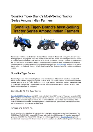 Sonalika Tiger- Brand’s Most-Selling Tractor Series Among Indian Farmers