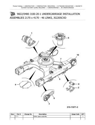 JCB JS220SC T4 TRACKED EXCAVATOR Parts Catalogue Manual (Serial Number 02140357-02142857)