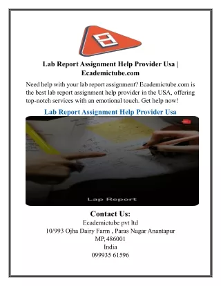 Lab Report Assignment Help Provider Usa | Ecademictube.com