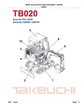 Takeuchi TB020 Compact Excavator Parts Catalogue Manual (SN 1205001-1205750)