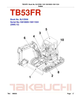 Takeuchi TB53FR Compact Excavator Parts Catalogue Manual (SN 15810005-15811324)