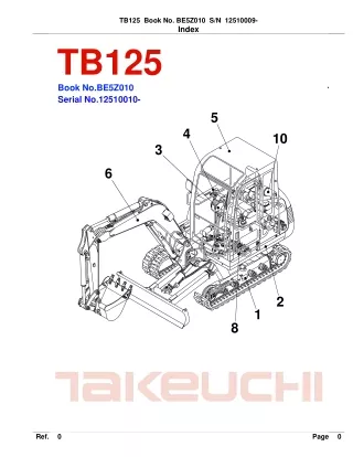 Takeuchi TB125 Compact Excavator Parts Catalogue Manual (SN 12510010 and up)