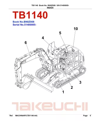 Takeuchi TB1140 Hydraulic Excavator Parts Catalogue Manual (SN 51400005 and up)