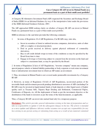 Can a Category III AIF invest in Mutual Funds on a permanent basis as a part of their multi asset portfolio