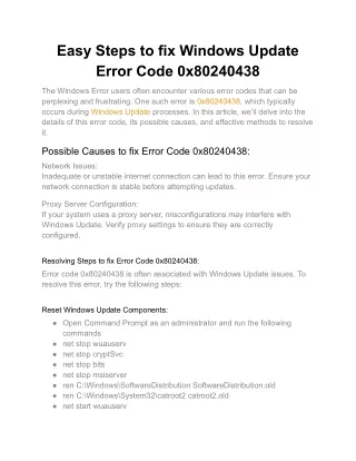 Easy Steps to fix Windows Update Error Code 0x80240438