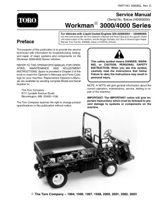 Toro Workman 3000 Series (early) Service Repair Manual (SN Below 240000000)