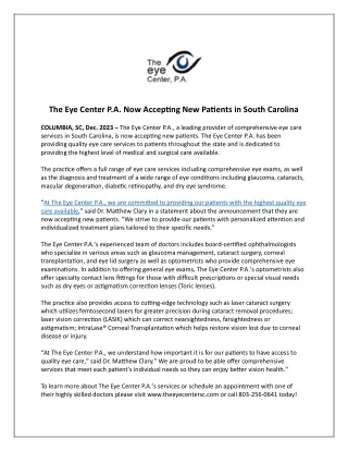 The Eye Center P.A. Now Accepting New Patients in South Carolina