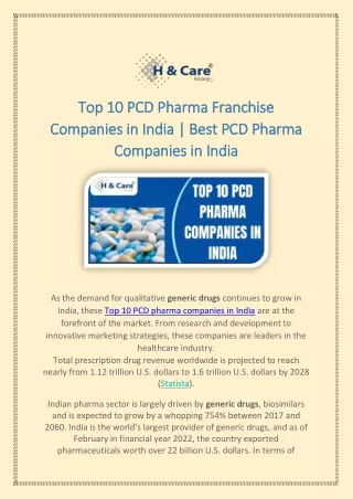 Top 10 PCD Pharma Franchise Companies in India