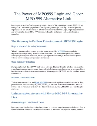 The Power of MPO999 Login and Gacor MPO 999 Alternative Link