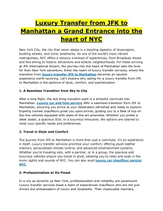 Luxury Transfer from JFK to Manhattan a Grand Entrance into the heart of NYC