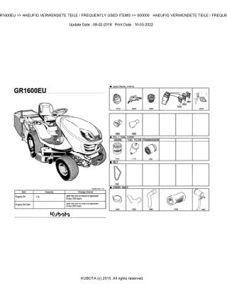 Kubota GR1600EU Lawn Tractor Parts Catalogue Manual (Publishing ID BKIDA5048)