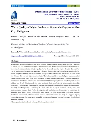 Water Quality of Major Freshwater Sources in Cagayan de Oro City, Philippines