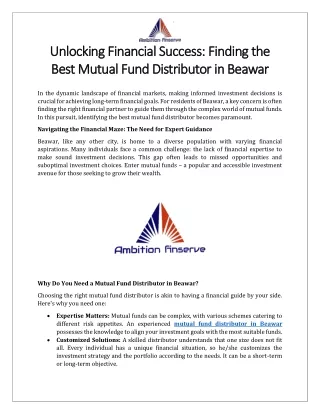 Unlocking Financial Success Finding the Best Mutual Fund Distributor in Beawar