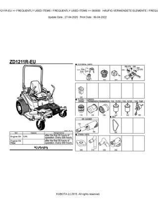 Kubota ZD1211R-EU Zero Turn Mower Parts Catalogue Manual (Publishing ID BKIDA5135)