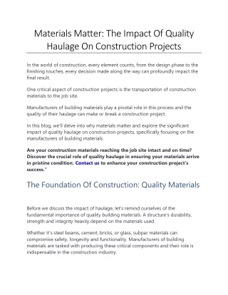 Materials Matter - The Impact Of Quality Haulage On Construction Projects