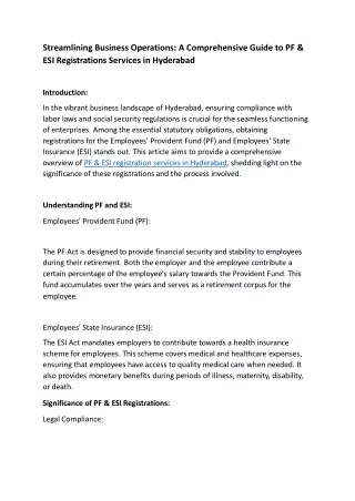 Streamlining Business Operations: A Comprehensive Guide to PF & ESI Registrations Services in Hyderabad