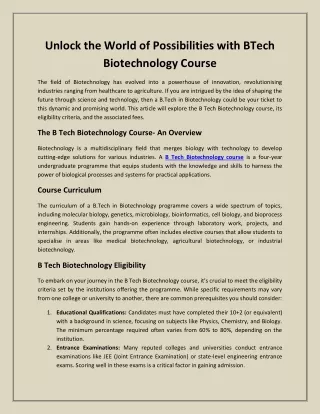 Unlock the World of Possibilities with B Tech Biotechnology Course