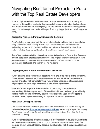 Navigating Residential Projects in Pune with the Top Real Estate Developers