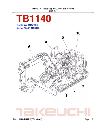 Takeuchi TB1140 Hydraulic Excavator Parts Catalogue Manual (SN 51410002 and up)