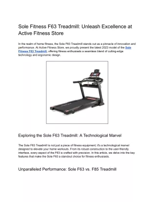 Sole Fitness F63 Treadmill_ Unleash Excellence at Active Fitness Store