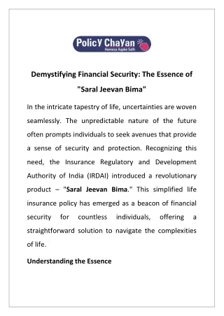 Demystifying Financial Security: The Essence of "Saral Jeevan Bima"