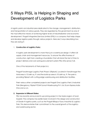 5 Ways PISL is Helping in Shaping and Development of Logistics Parks