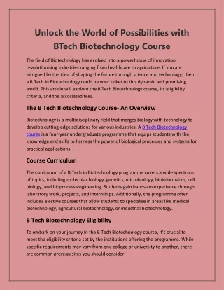 Unlock the World of Possibilities with BTech Biotechnology Course 1