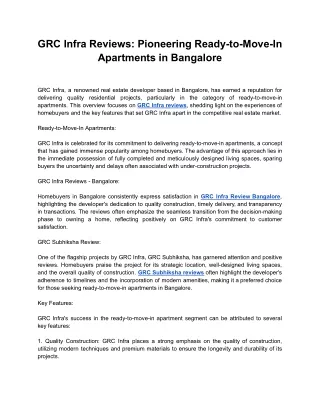 GRC Infra Reviews - Pioneering Ready to Move In Apartments in Bangalore