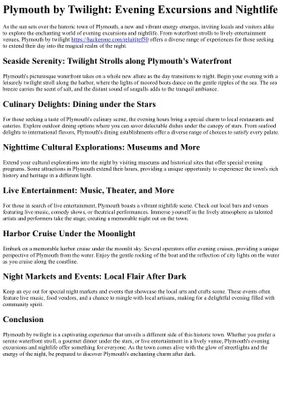 Plymouth's Twilight Tale: Evening Adventures and Nighttime Chills