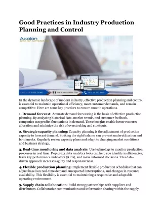 Good Practices in Industry Production Planning and Control