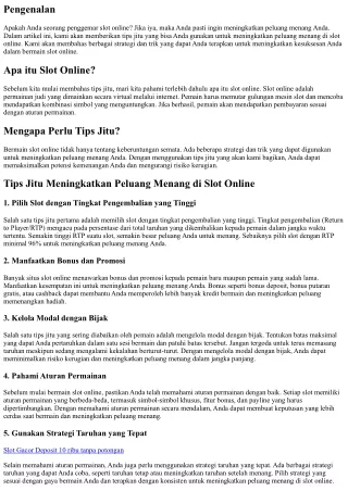 Tips Jitu Meningkatkan Peluang Menang di Slot Online