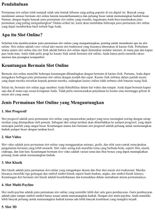 Jenis Permainan Slot Online yang Menguntungkan