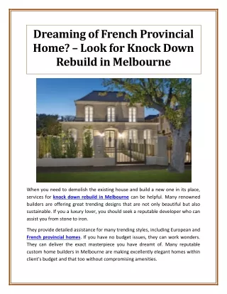 Dreaming of French Provincial Home? – Look for Knock Down Rebuild in Melbourne