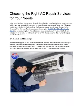 Choosing the Right AC Repair Services for Your Needs