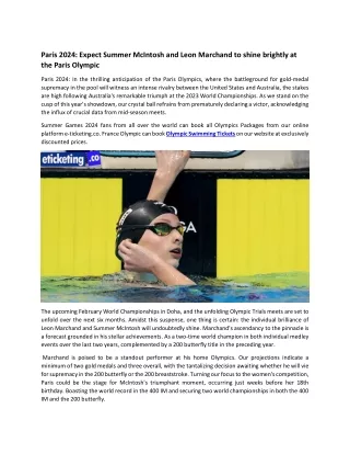 Paris 2024 Expect Summer McIntosh and Leon Marchand to shine brightly at the Paris Olympic
