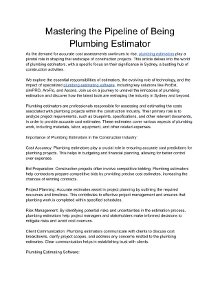 Mastering the Pipeline of Being Plumbing Estimator