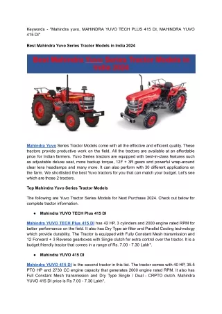 Best Mahindra Yuvo Series Tractor Models in India 2024