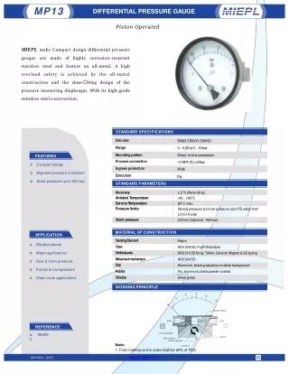 MP13 Differential Pressure Gauge - Piston Operated | Miepl