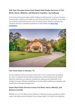 Sell Your Houston Home Fast! Expert Real Estate Services in Fort Bend, Harris, Wharton, and Brazoria Counties _ sg realt