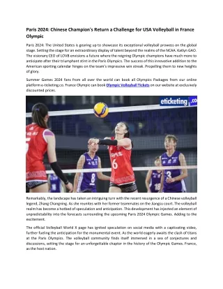 Paris 2024 Chinese Champion's Return a Challenge for USA Volleyball in France Olympic