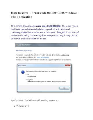 How to solve – Error code 0xC004C008 windows 10_11 activation