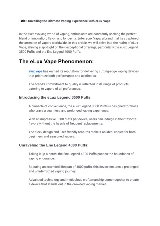 Unveiling the Ultimate Vaping Experience with eLux Vape