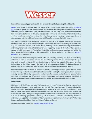 Wesser Offers Unique Opportunities with Live-In Fundraising Jobs Supporting Global Charities