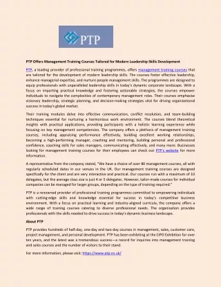 PTP Offers Management Training Courses Tailored for Modern Leadership Skills Development