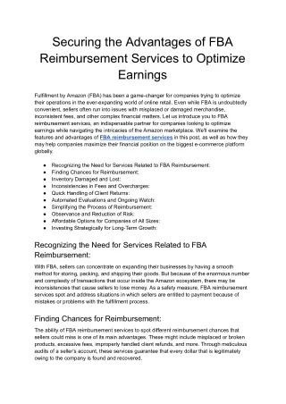 Securing the Advantages of FBA Reimbursement Services to Optimize Earnings - Google Docs