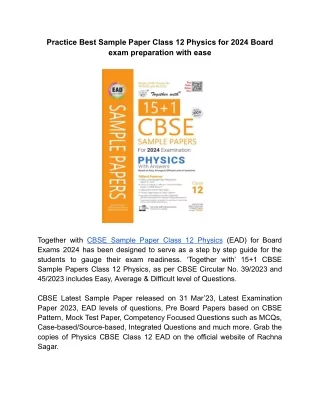 Together with CBSE Sample Paper EAD Class 12 Physics for 2024 Board exams prepar