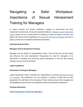 Navigating a Safer Workplace: Importance of Sexual Harassment Training for Manag