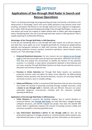 Applications of See-through Wall Radar in Search and Rescue Operations